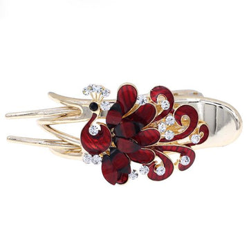 Red Enamel Peacock Hinged Hair Fork Claw Barrette with Rhinestones